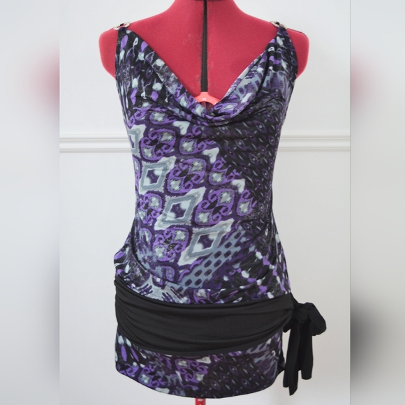 Idao Tops - Purple Patterned Cowl Neck Top With Side tie Belt And Rhinestone On Straps